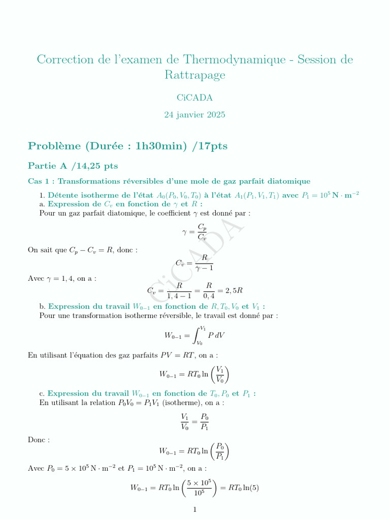 Correction examen Thermodynamique 2025 | PDF | Grandeur physique | Quantité
