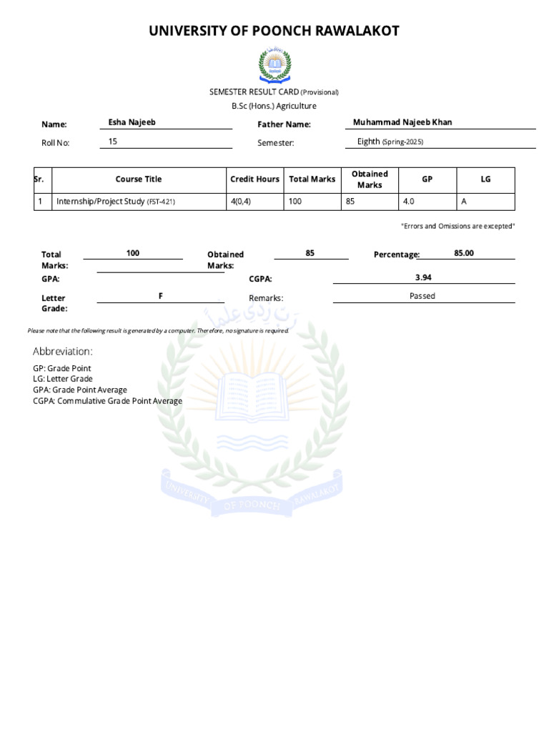 B.Sc Agriculture Semester Result Card | PDF