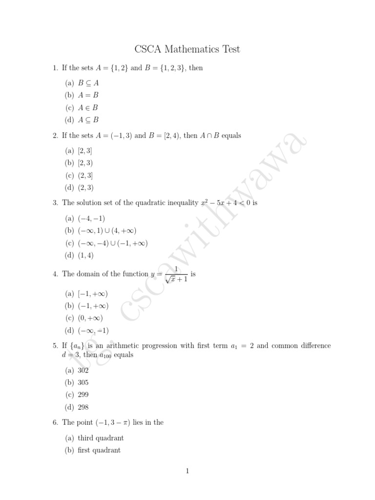 CSCA Mathematics Test Questions | PDF | Function (Mathematics ...