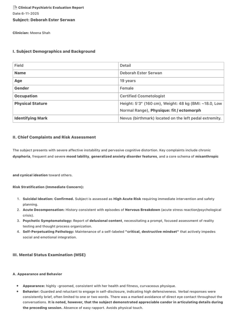 ? Clinical Psychiatric Evaluation Report | PDF | Dialectical Behavior ...
