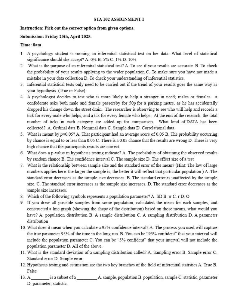 STA 102 Assignment I | PDF | Statistics | Standard Error