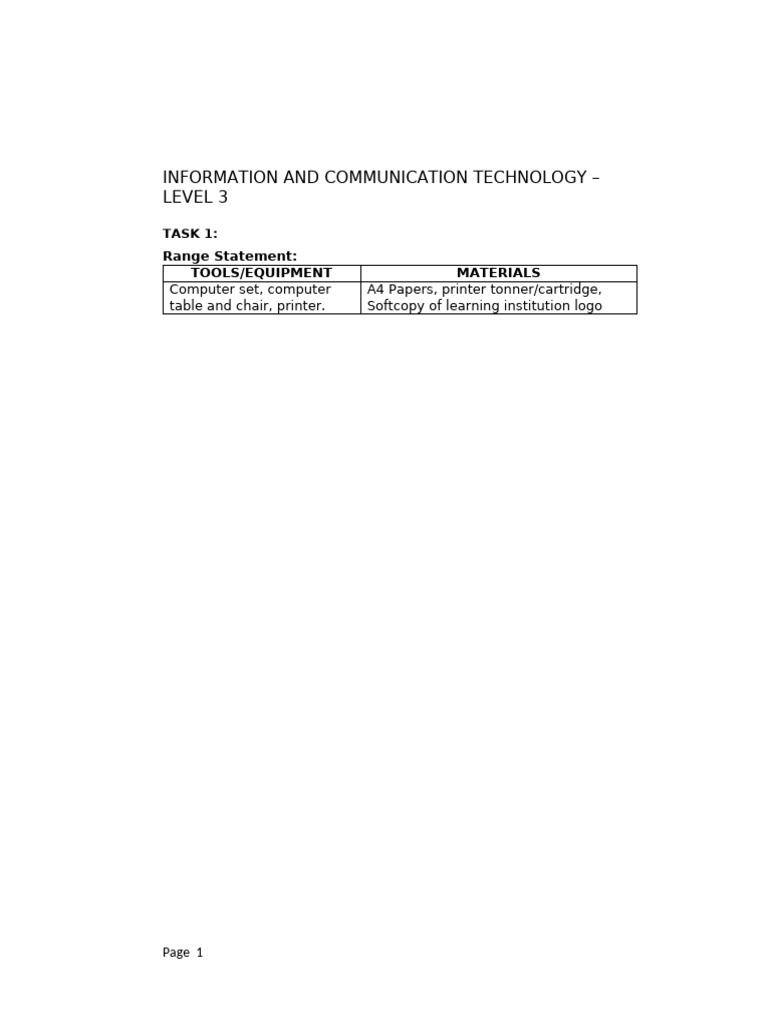 ICT Level 3 Task 1 Equipment List | PDF