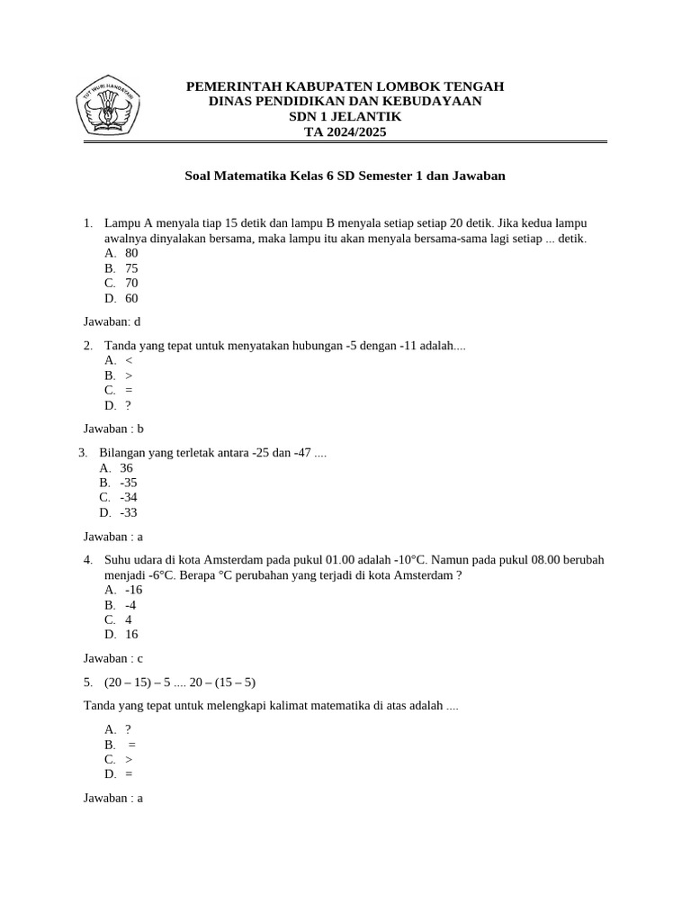 Soal Matematika Kelas 6 SD Semester 1 | PDF