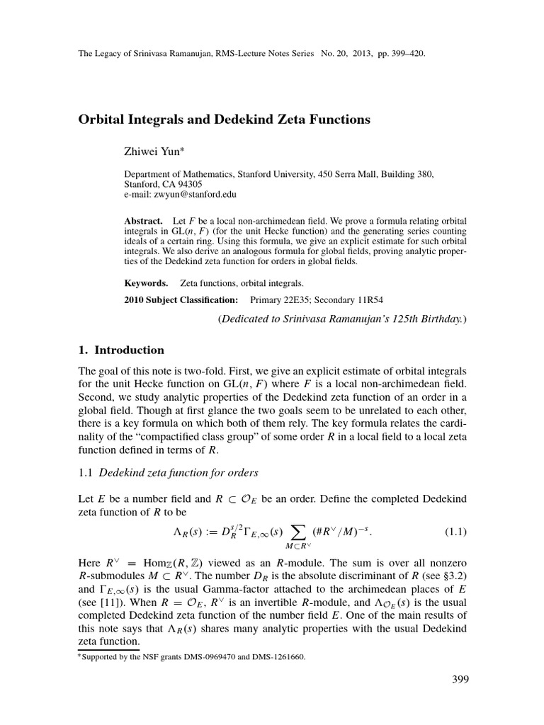 Orbital Integrals & Dedekind Zeta Functions | PDF | Field (Mathematics ...