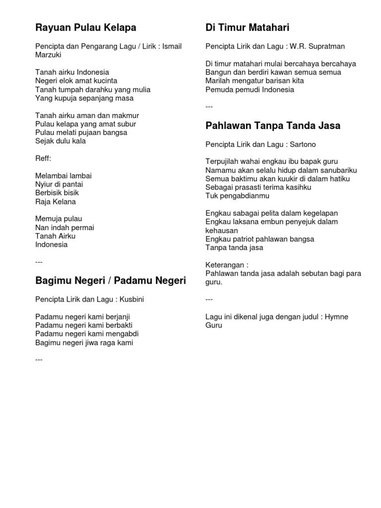 Not Lagu Indonesia Tanah Air Beta Kumpulan Not Lagu