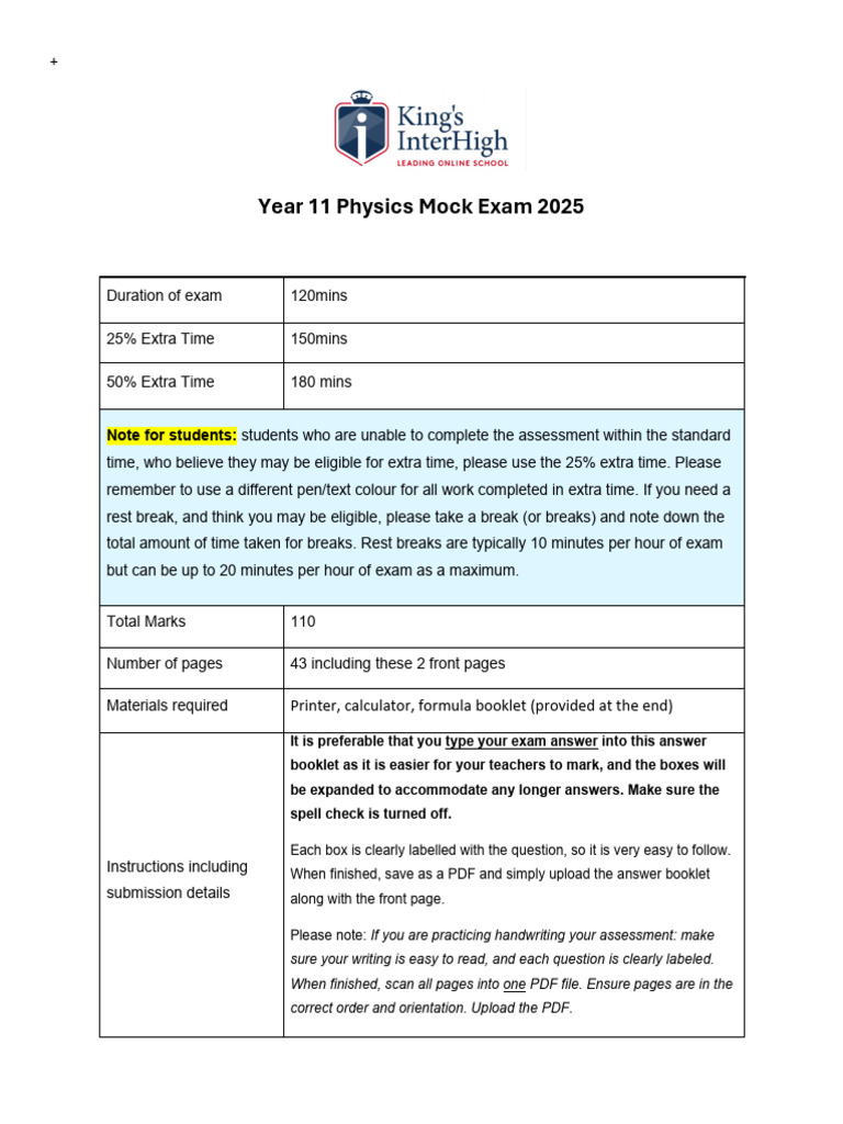 Year 11 Physics Mock Exam 2025 | PDF | Force | Electricity
