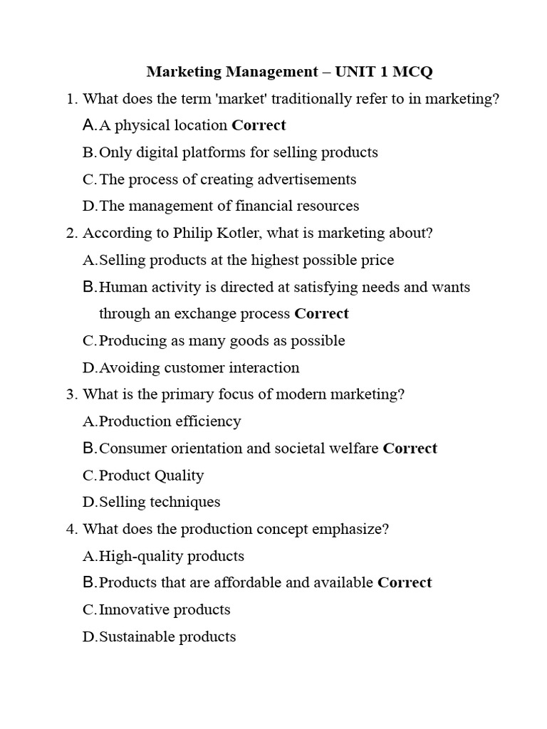 Marketing Management MCQs Overview | PDF | Pricing | Marketing