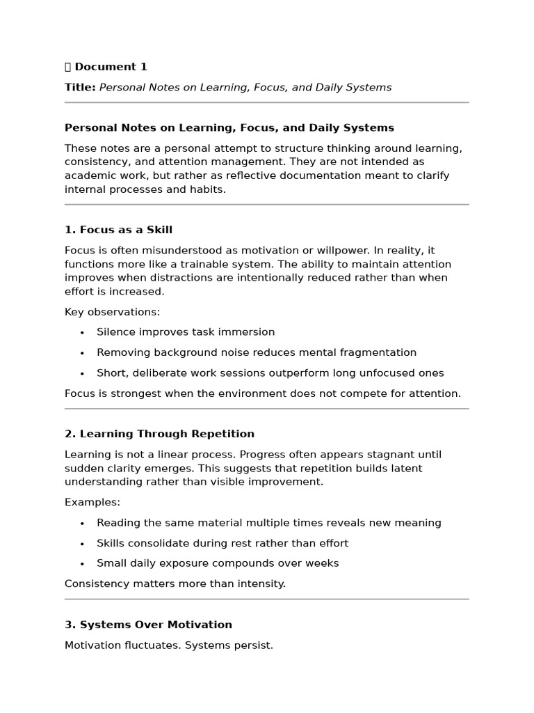 Personal Notes On Learning, Focus, and Daily Systems | PDF