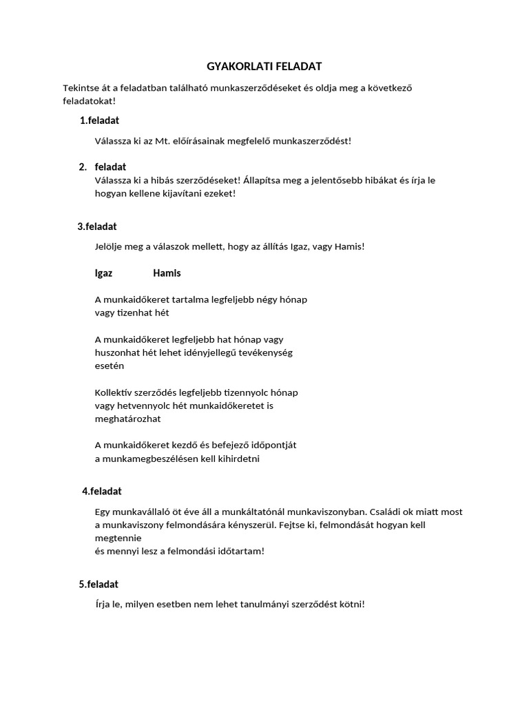 Munkaszerzodes Gyakorlo Feladat 1739006622 | PDF