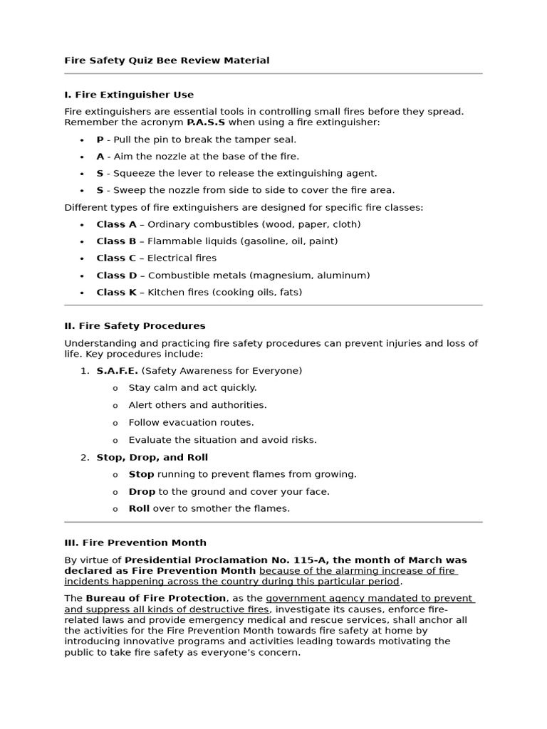 Fire Safety Quiz Bee Study Guide | PDF | Fires | Safety