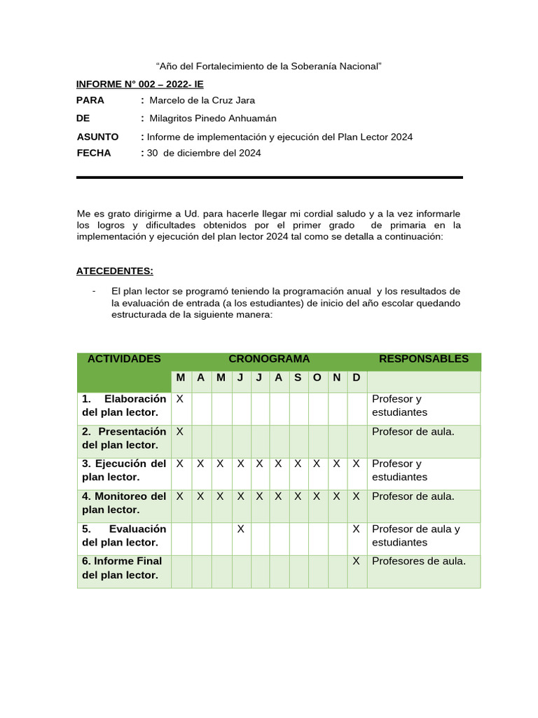 Informe sobre el Plan Lector 2024 | PDF | Aprendizaje | Cognición