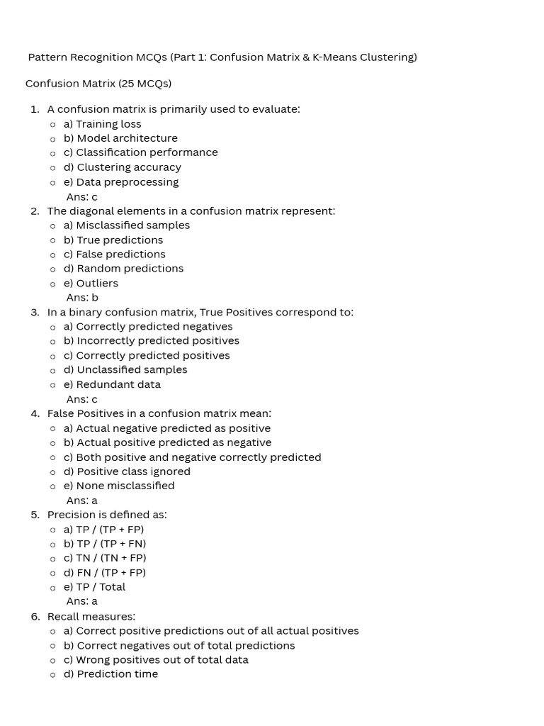Pattern Recognition MCQs: Confusion Matrix & K-Means | PDF | Principal ...