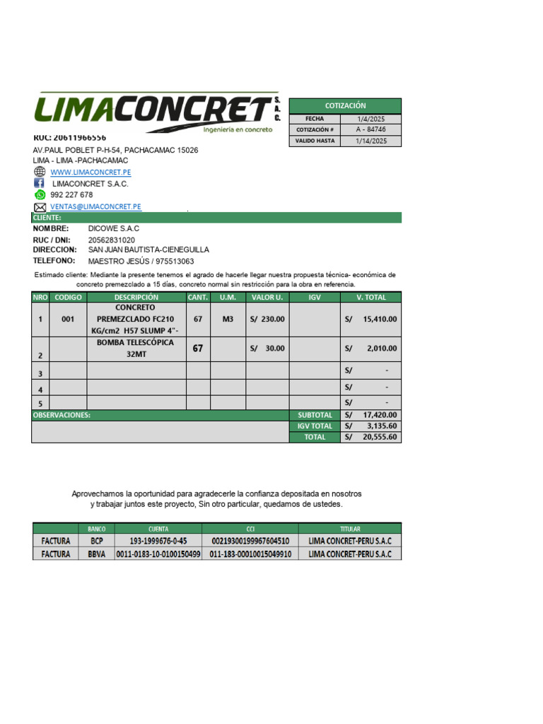 Cotización de Concreto Premezclado S/20,555.60 | PDF