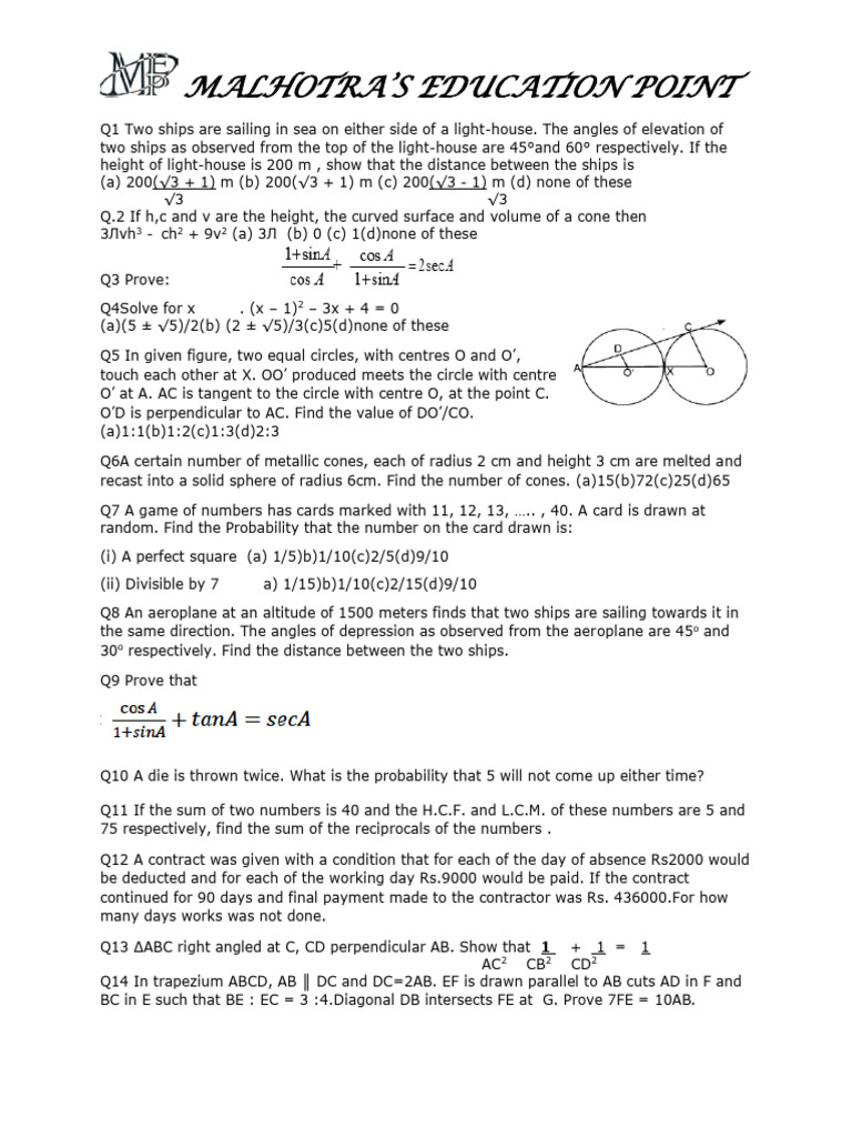 Questions Math Class 10th | PDF | Circle | Classical Geometry