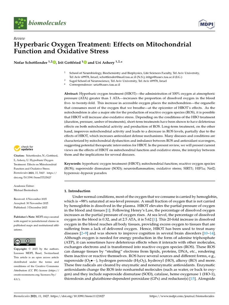 Hyperbaric Oxygen Treatment - Effects On Mitochondrial Function and ...