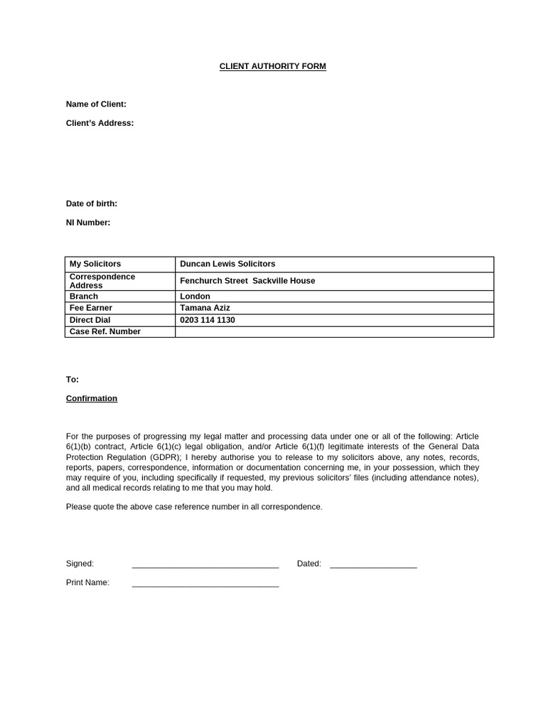 Client Authority Form for GDPR Compliance | PDF | Common Law | Justice