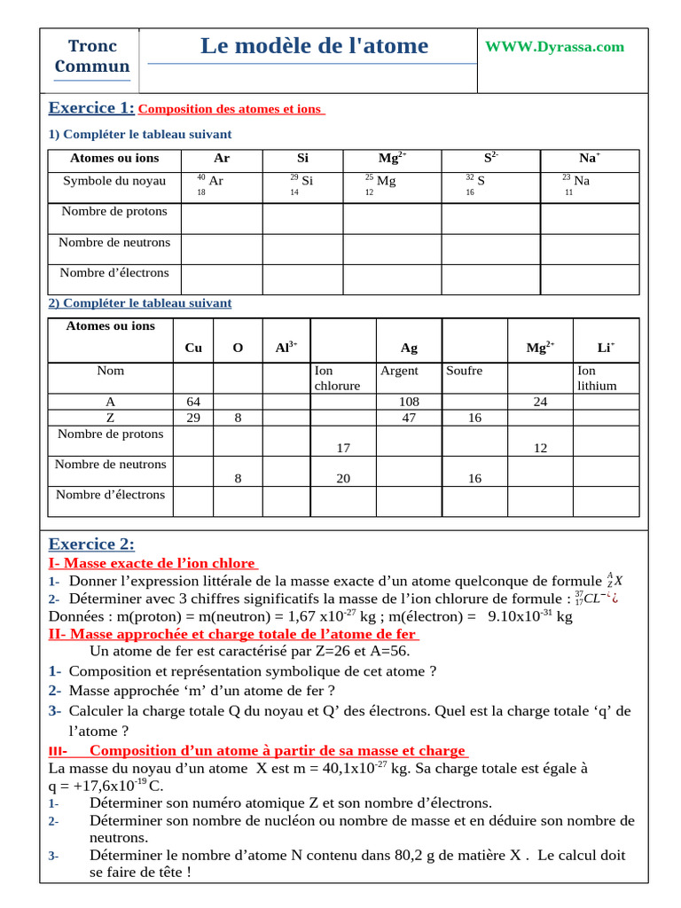 Atomes et ions : exercices de chimie | PDF | Atomes | Noyau atomique