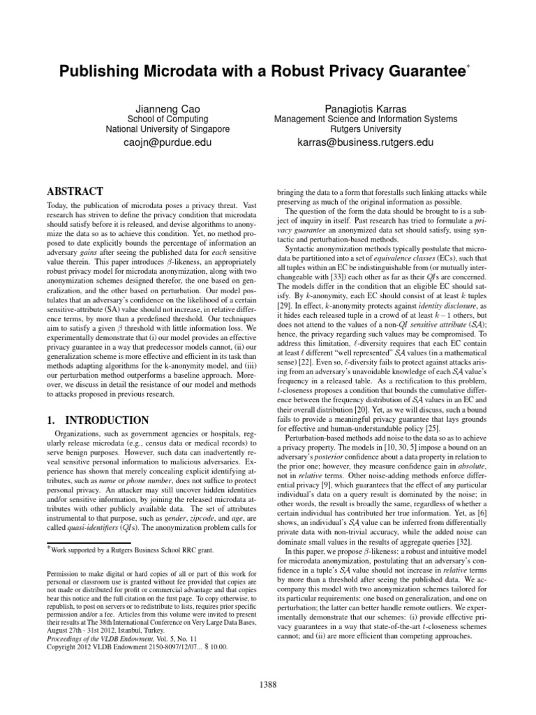 Publishing Microdata with a Robust Privacy Guarantee | PDF | Function ...