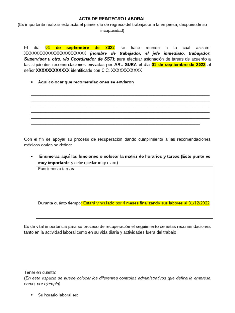 Acta de Reintegro Laboral y Recomendaciones | PDF