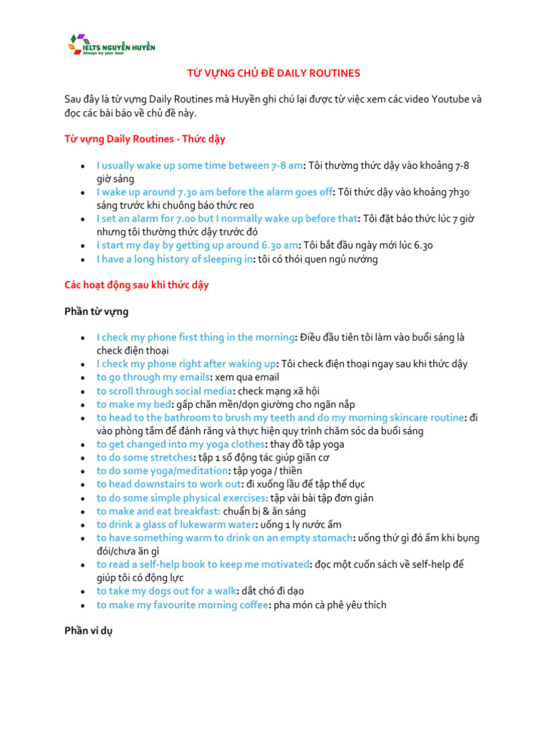 Tu Vung Ielts Daily Routines Ieltsnguyenhuyen | PDF