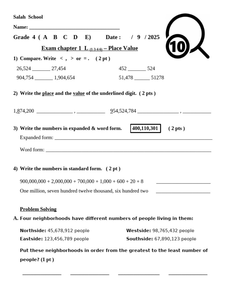 Grade 4 Place Value Exam Worksheet | PDF