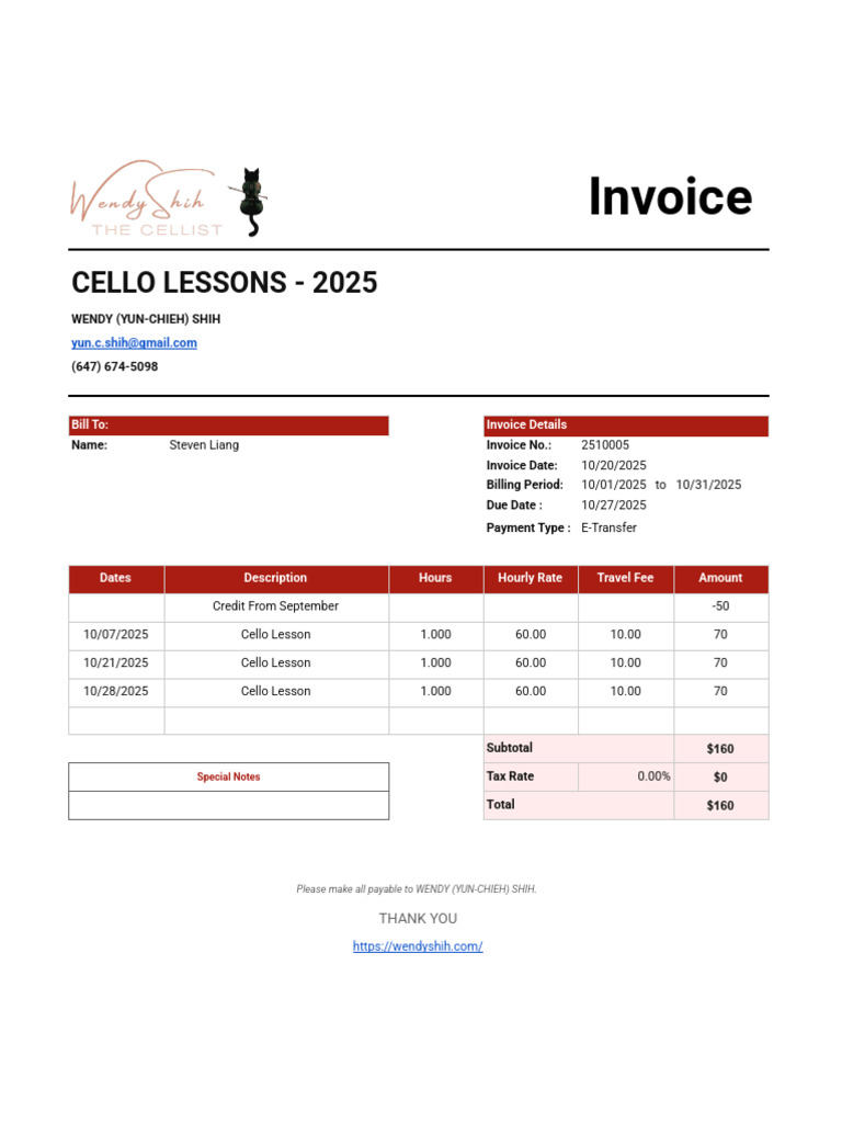 Cello Lessons Invoice for Steven Liang | PDF