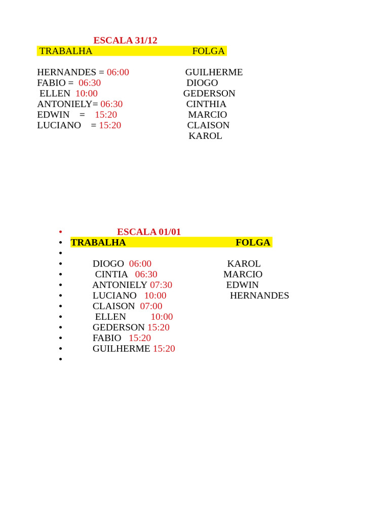 Escala de Trabalho e Folga 31/12 a 01/01 | PDF