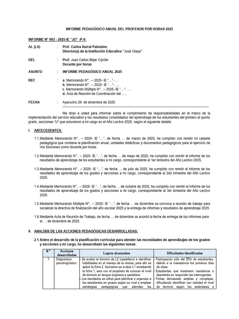 Informe Pedagógico Anual 2025 | PDF | Evaluación | Aprendizaje