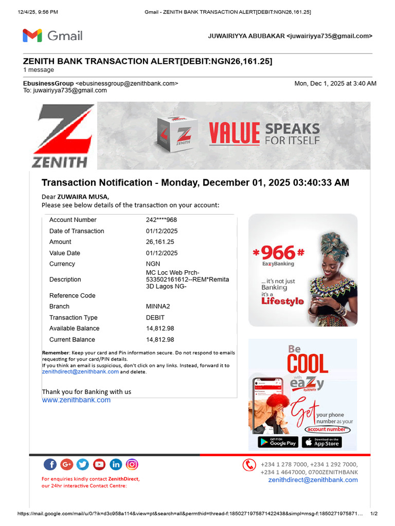 Zenith Bank Debit Transaction Alert | PDF | Debit Card | Service Industries