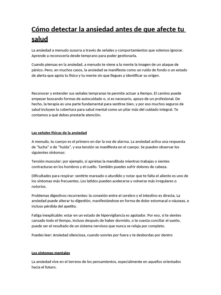 Detecta la ansiedad antes que afecte tu salud | PDF | Ansiedad | Mente