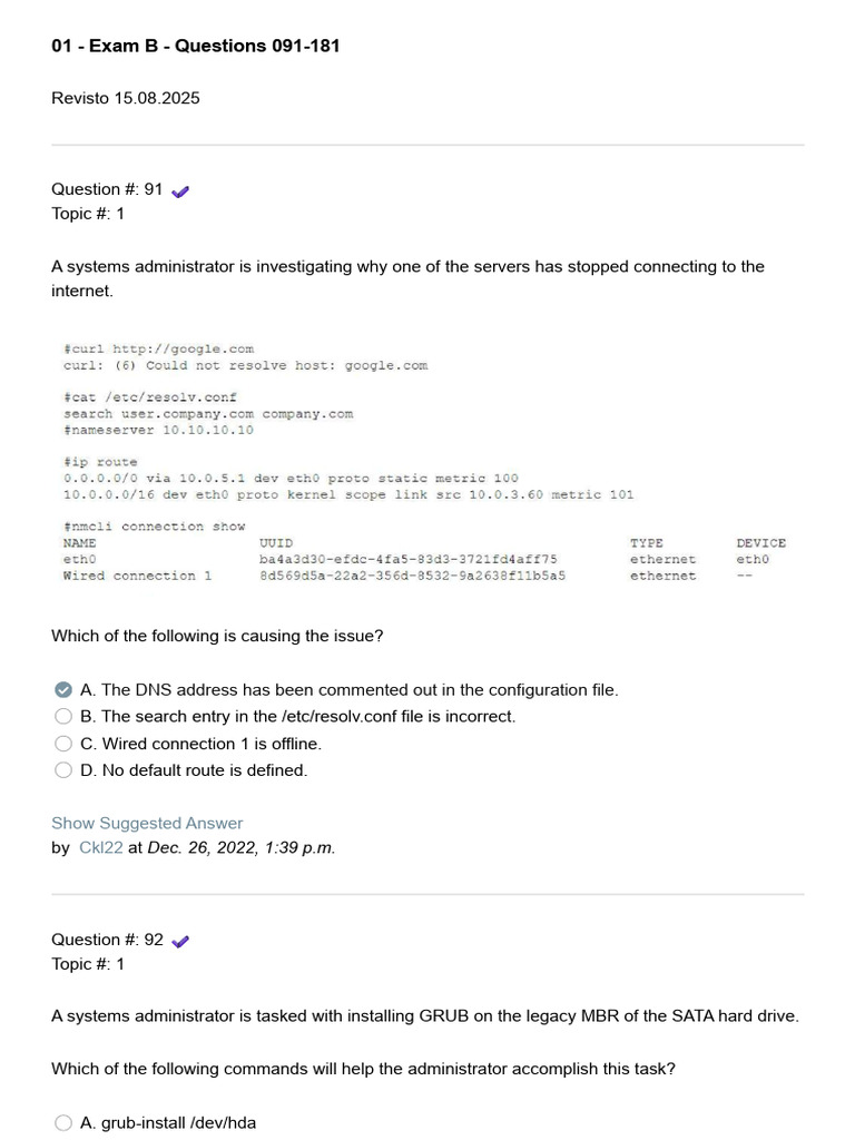01 - Exam B - Questions 091-181 | PDF | Secure Shell | Ip Address
