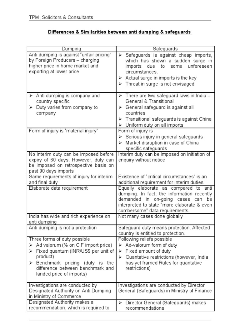 Differences & Similarities Between Anti Dumping & Safeguards PDF
