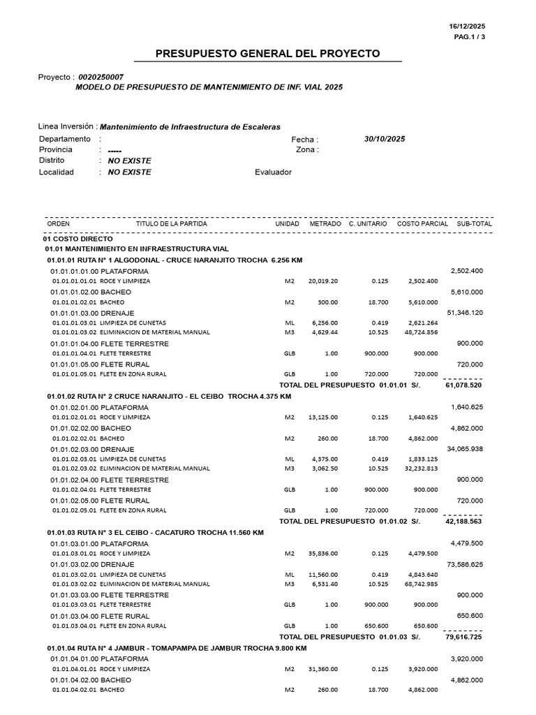 Presupuesto Mantenimiento Infraestructura Vial 2025 | PDF