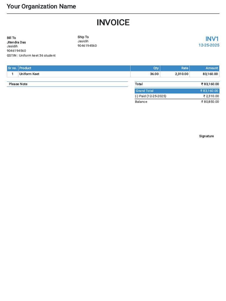 Invoice for Uniform Keet Purchase | PDF