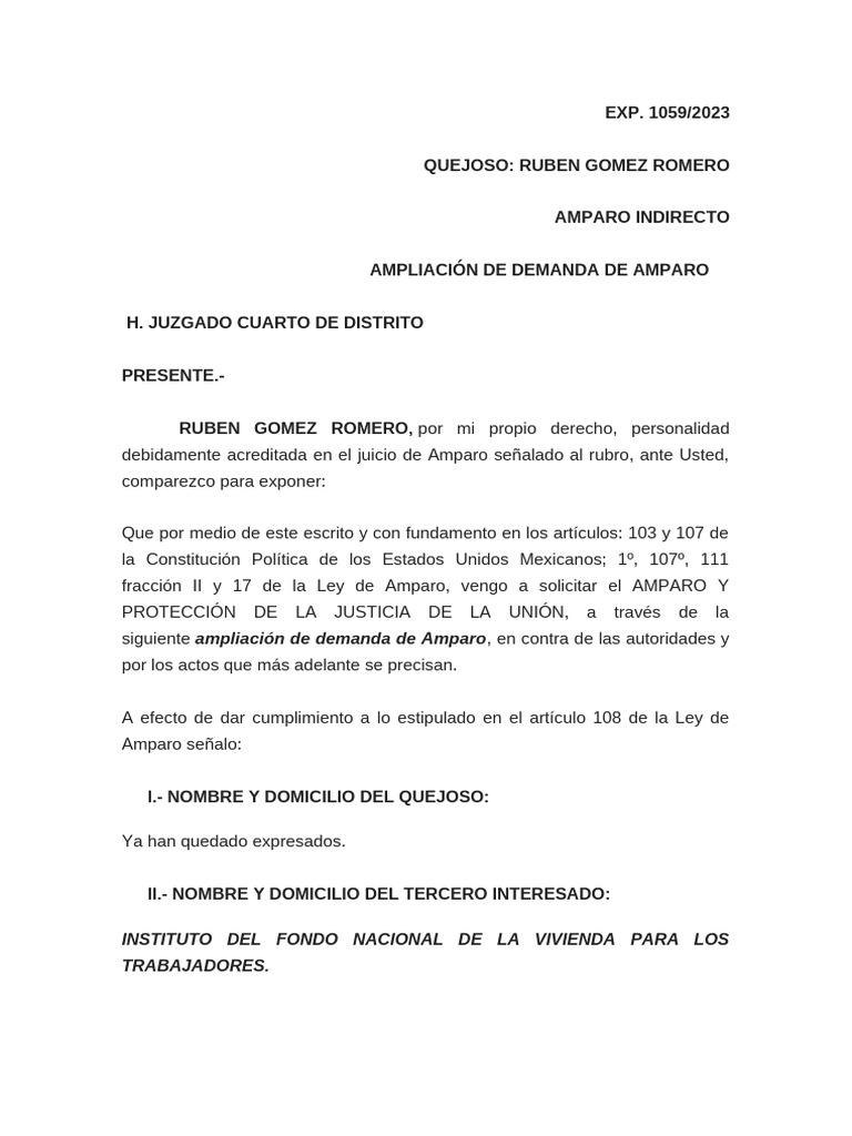 Amparo Indirecto de Rubén Gómez Romero | PDF | Caso de ley | Demanda ...