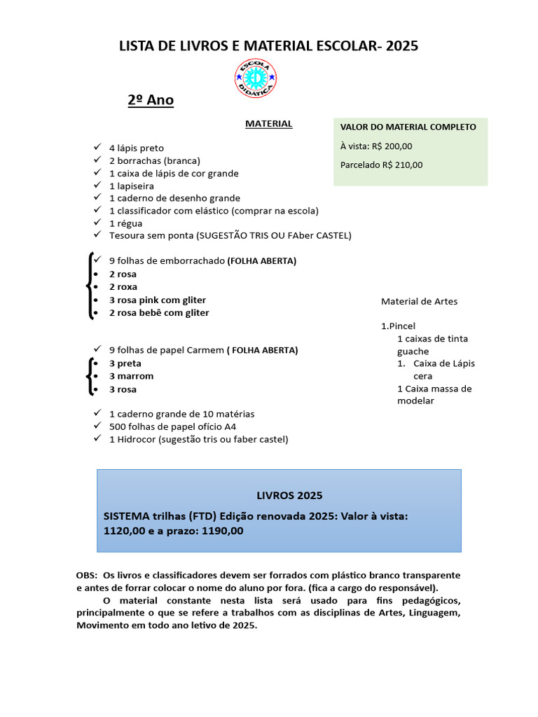 Material Escolar 2º Ano 2025: Lista Completa | PDF