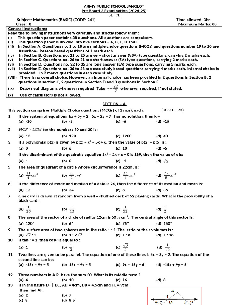 APS Janglot Class X Math Pre Board Exam 2024-25 | PDF | Circle | Area