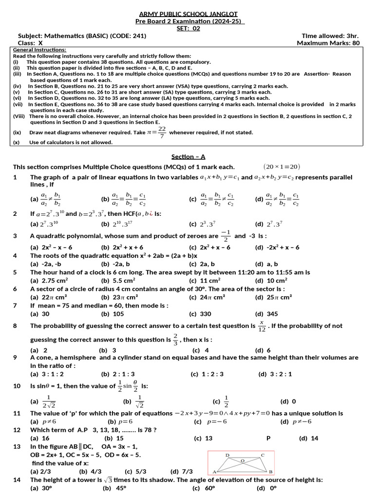 Class X Mathematics Pre Board Exam 2024-25 | PDF | Circle | Area