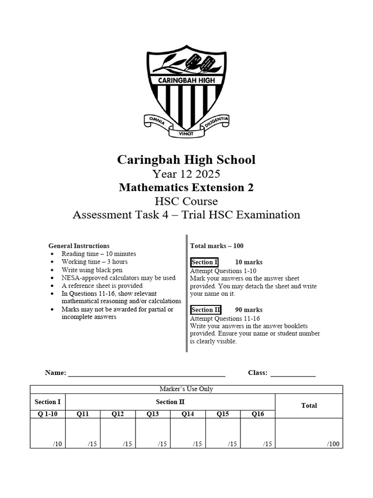 HSC Mathematics Extension 2 Trial Exam 2025 | PDF | Velocity | Acceleration