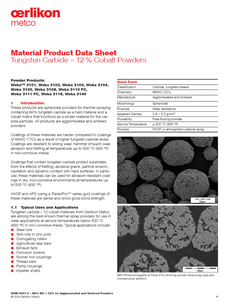 88% WC / 12% Co Thermal Spray Powders | PDF | Wear | Sintering
