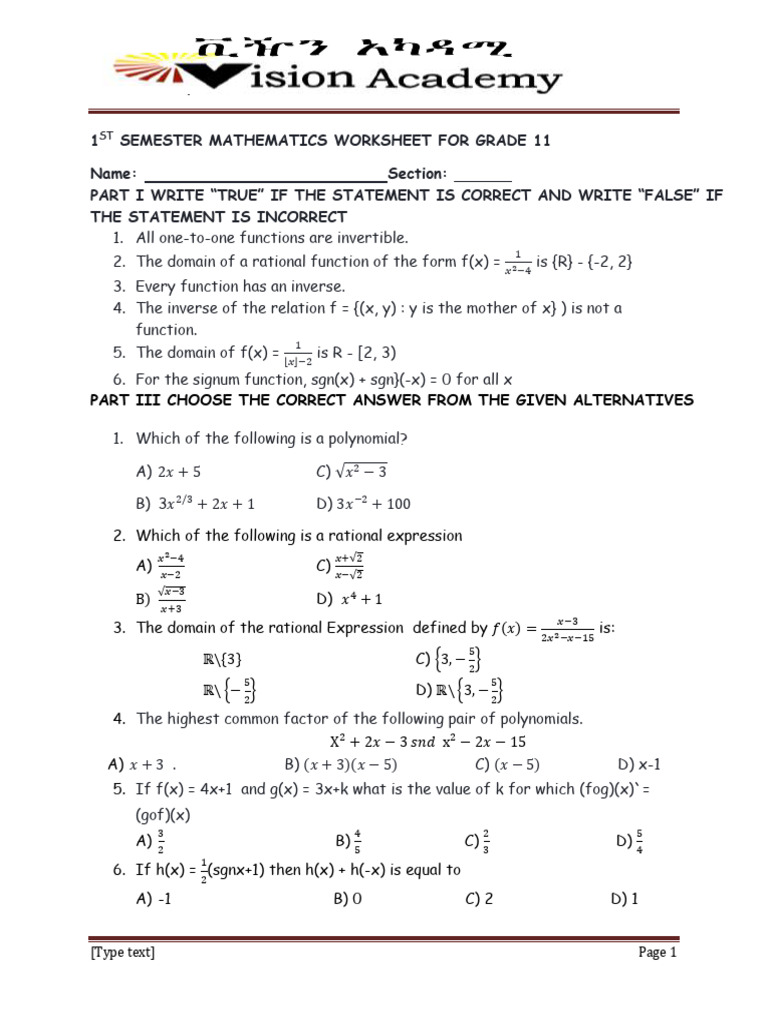 11 Worksheet For Grade 11 | PDF | Function (Mathematics) | Mathematical ...