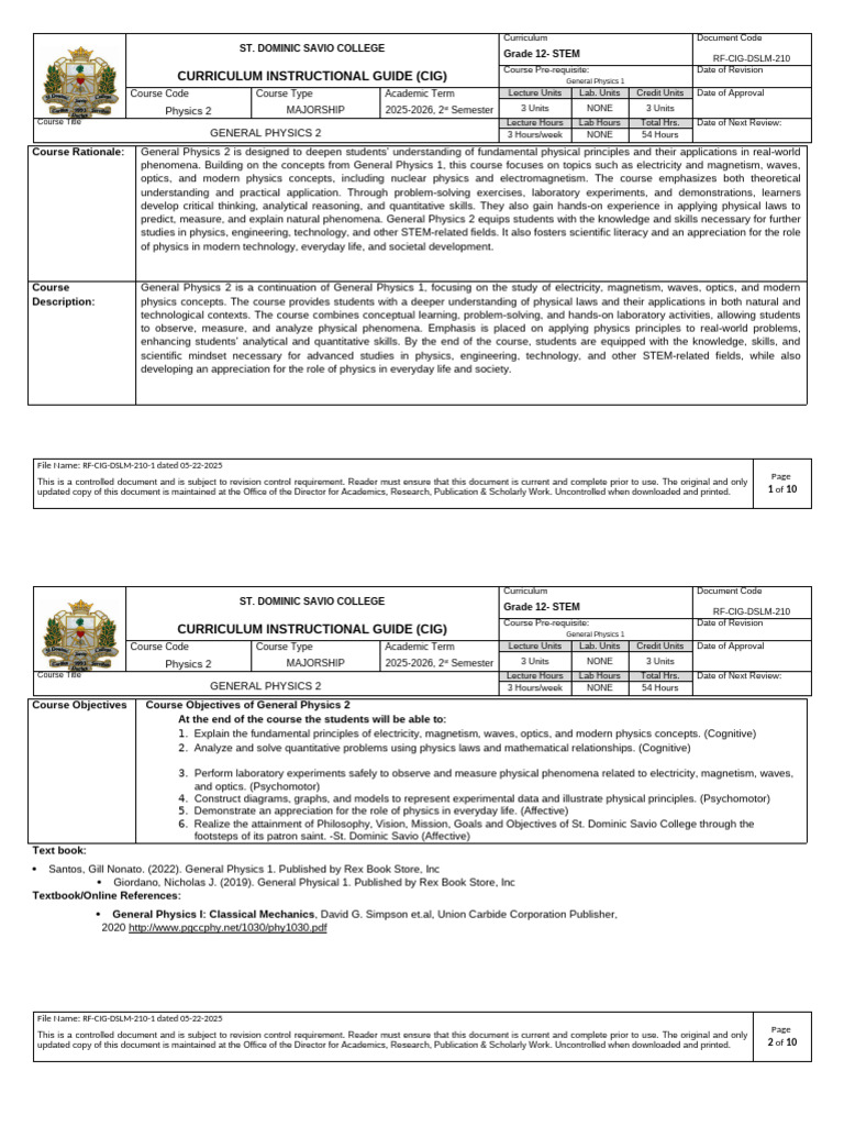 Grade 12 General Physics 2 Curriculum Guide | PDF | Physics | Curriculum
