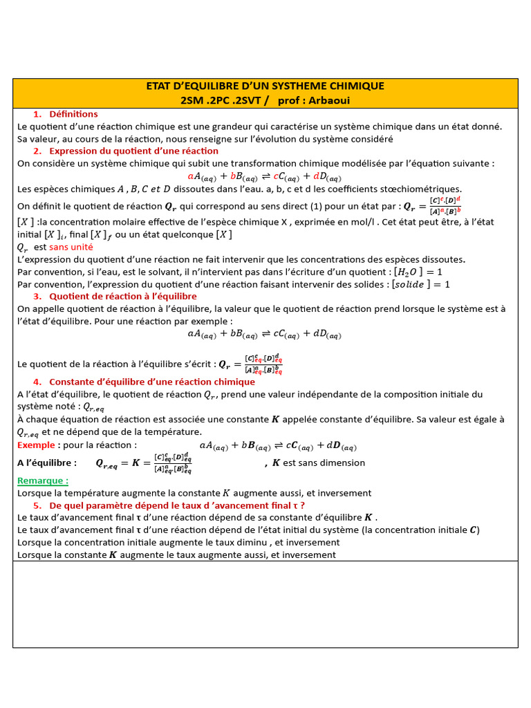 Équilibre chimique et quotients de réaction | PDF | Équilibre chimique ...
