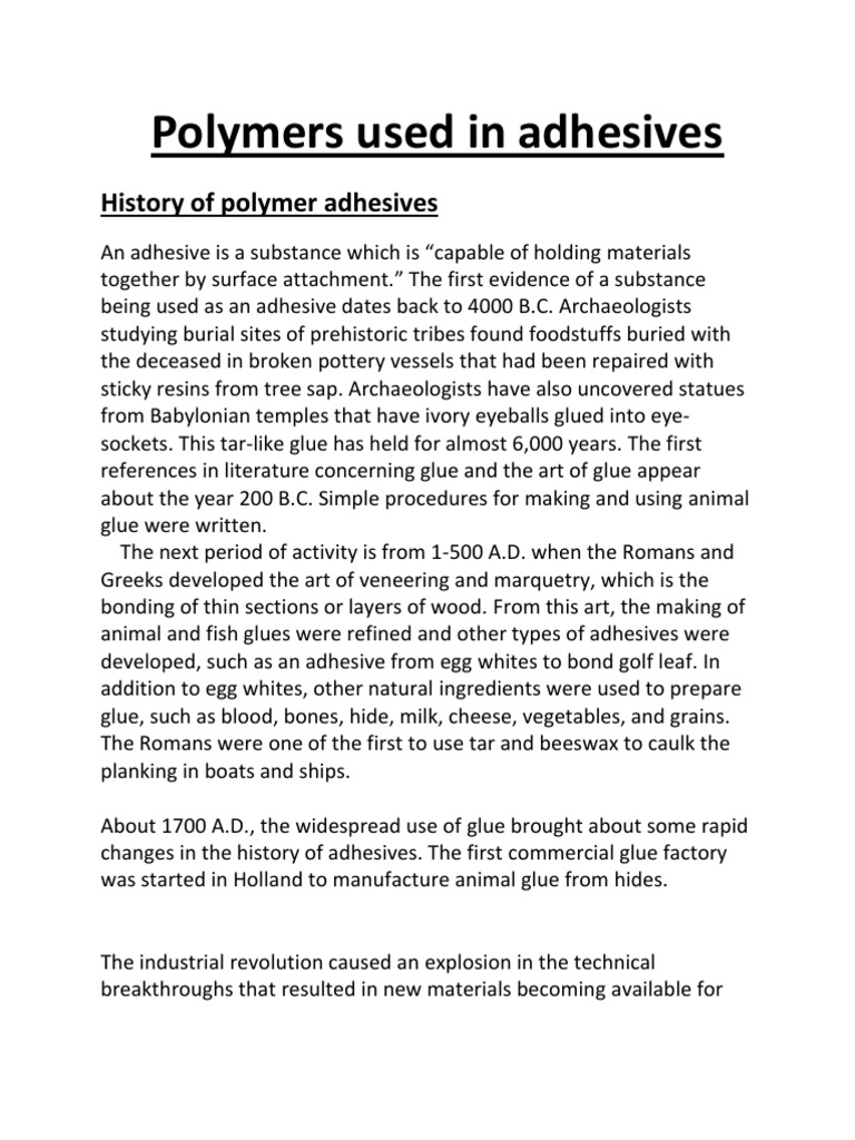 Polymers Used in Adhesives PDF Adhesive Adhesion