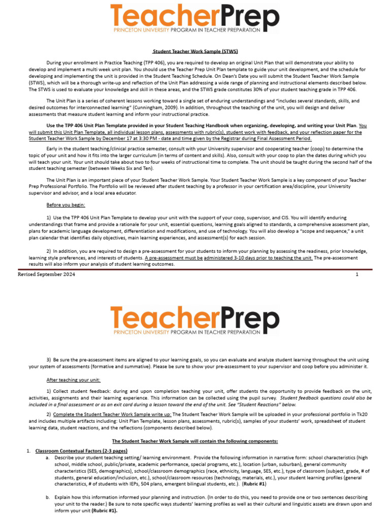Student Teacher Work Sample Guidelines | PDF | Educational Assessment ...