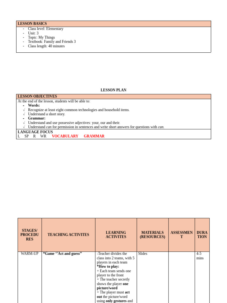 Elementary Lesson Plan: My Things | PDF | Reading Comprehension ...