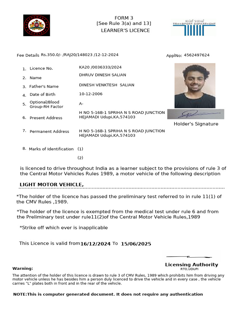 Learner's Licence Document Template | PDF | License | Driving
