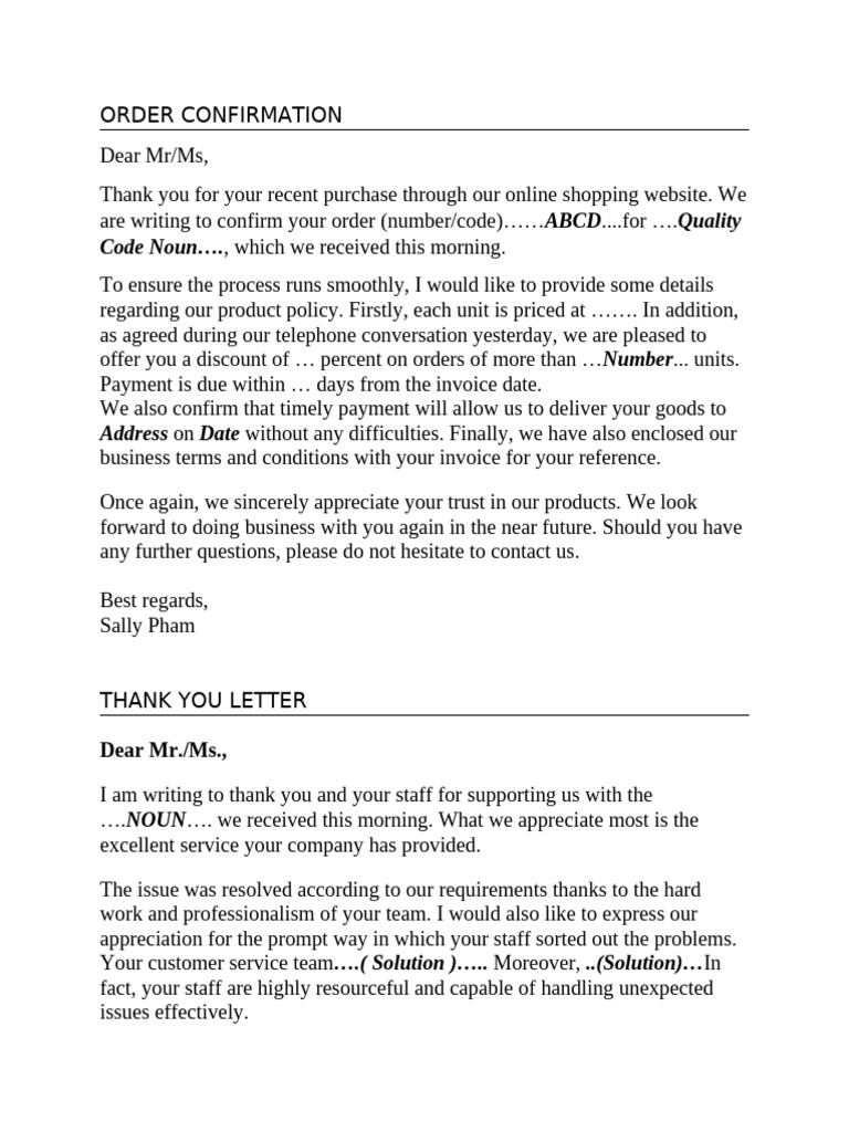 Order Confirmation and Thank You Note | PDF