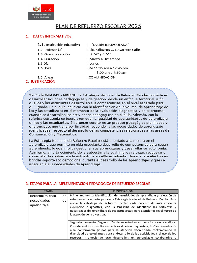 Plan de Refuerzo Escolar 2025 en Comunicación | PDF | Evaluación ...