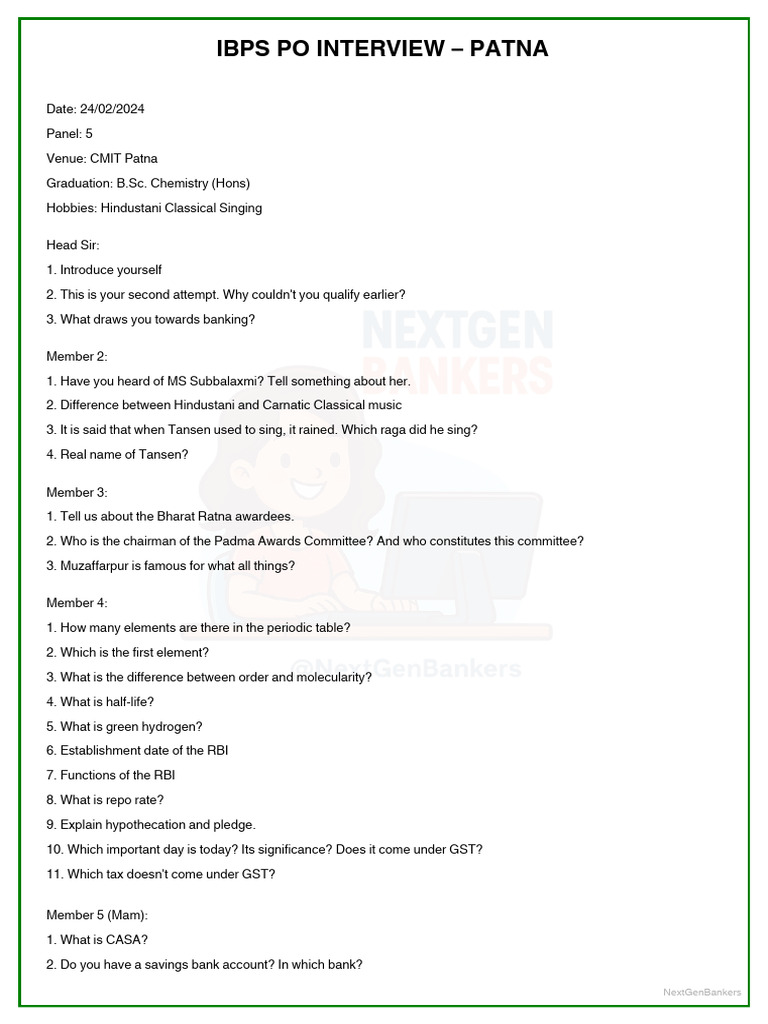 IBPS PO Interview Questions in Patna | PDF